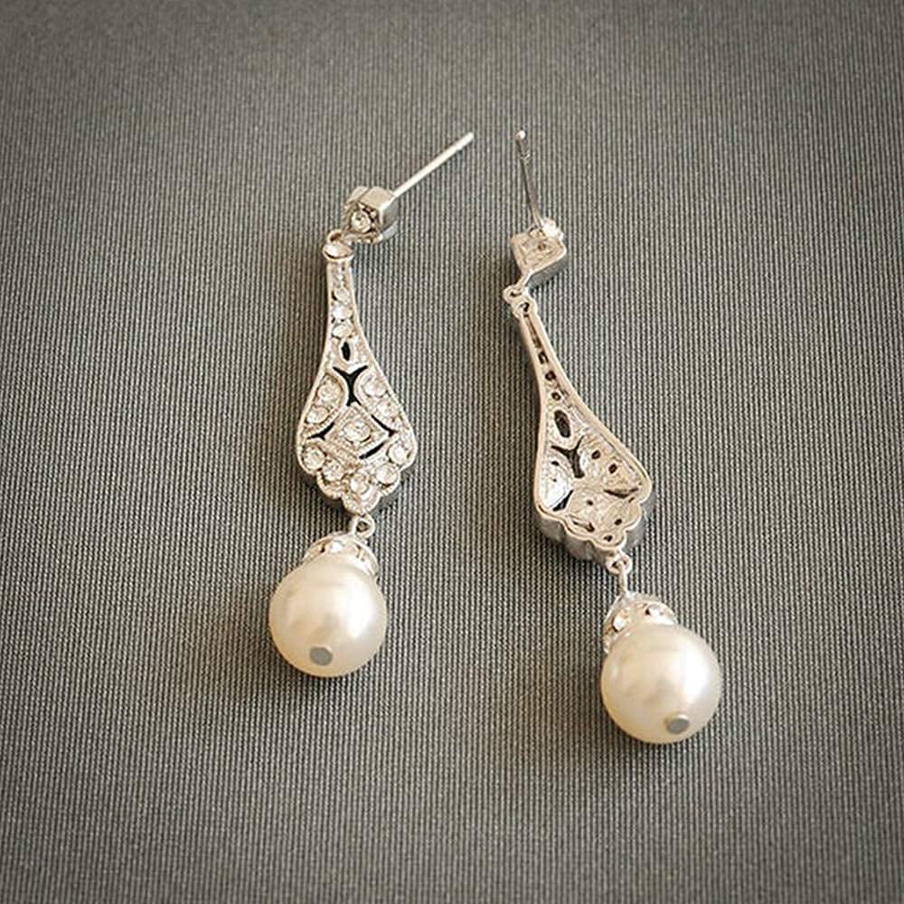Pearl Wedding Earrings, Vintage Style Pearl Stud Bridal Earrings, Flower  1950s Deco Pearl Earrings - 'ADENA