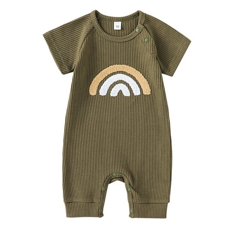 

HIBRO Toddler Boys Girls Short Sleeve Romper Rainbow Prints Ribbed Summer Bodysuits Toddler Striped Shirt Short Sleeved Sleepers