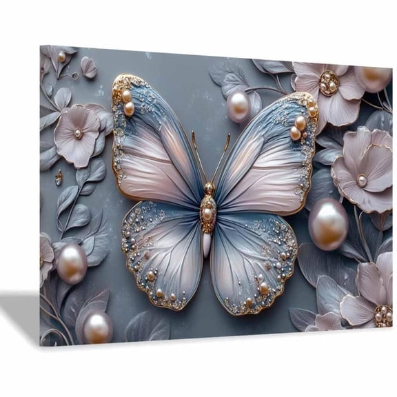 Mudket Framed Wall Art Ready to Hang, Blue Gray Pearl Butterfly Floral Wall Decor, Botanical Flower Canvas Print, Wall Pictures for Living Room Bedroom Office, for Home Decor - 12"L x 8"W