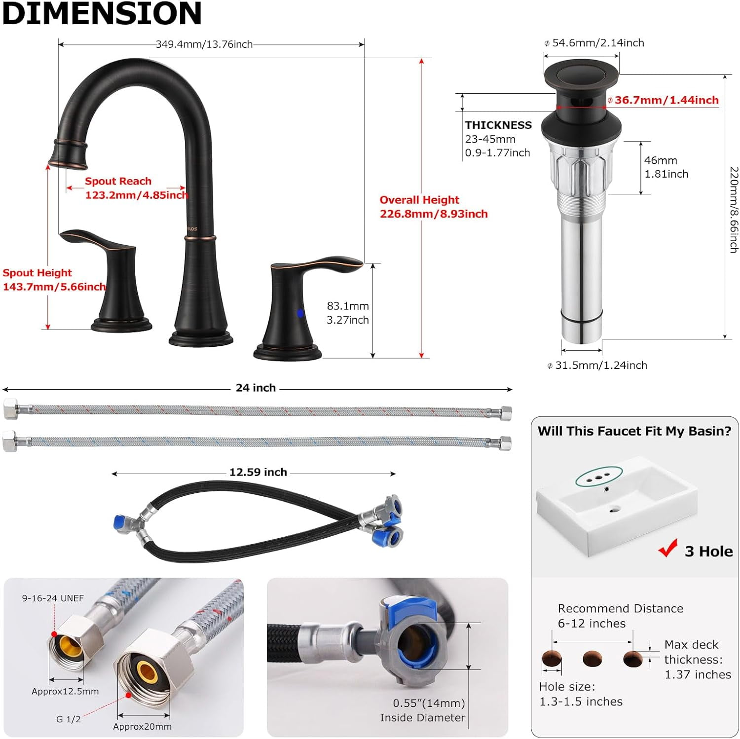 PARLOS Classic Durable Luxury Widespread 2-Handle Bathroom Sink Faucet, Oil Rubbed Bronze