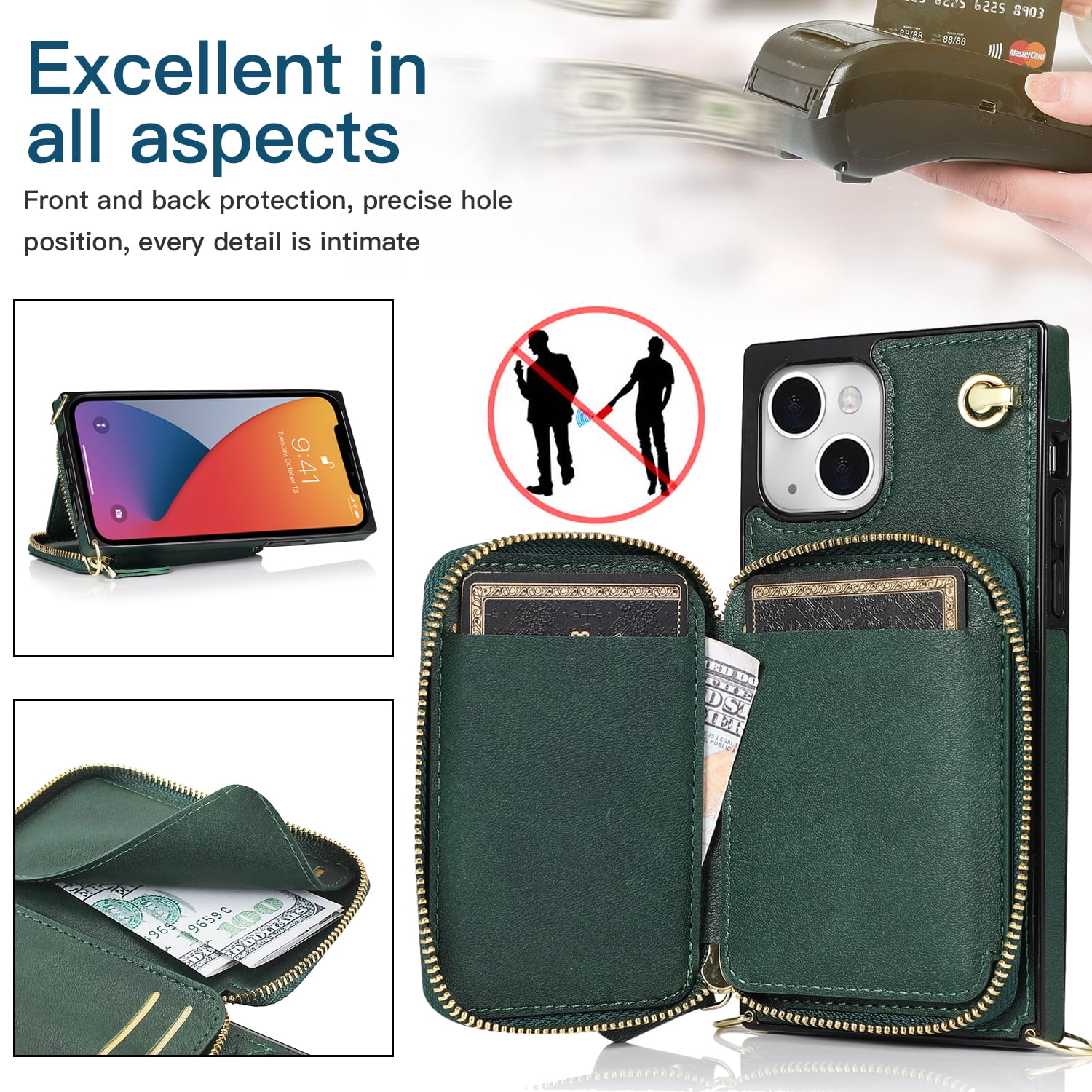 TECH CIRCLE For iPhone 12 Mini Wallet Case,Card Holder Phone Case for Women, Zipper PU Leather Purse Kickstand Folio Flip Case with Crossbody Strap for Apple iPhone 12 mini 5.4" 2020,Darkgreen