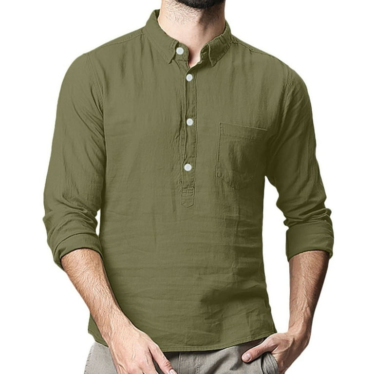 Camicia in Cotone e Lino Da Uomo Con Collo a Henley, Tasca Casual