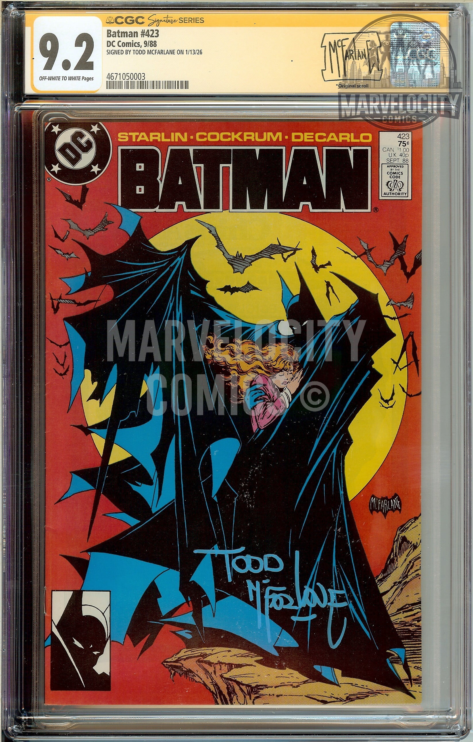 BATMAN 423 🔑 CGC 9.2 SS SIGNED TODD MCFARLANE with CUSTOM label
