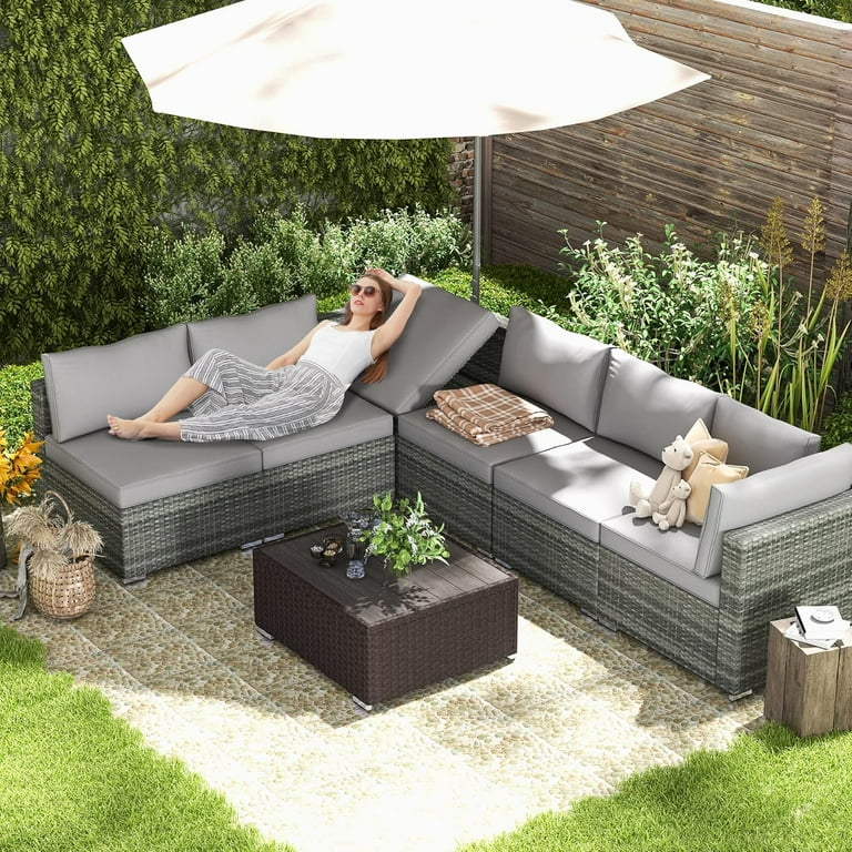 Homrest 7 Piece Wicker Outdoor Patio Dining Set Gray