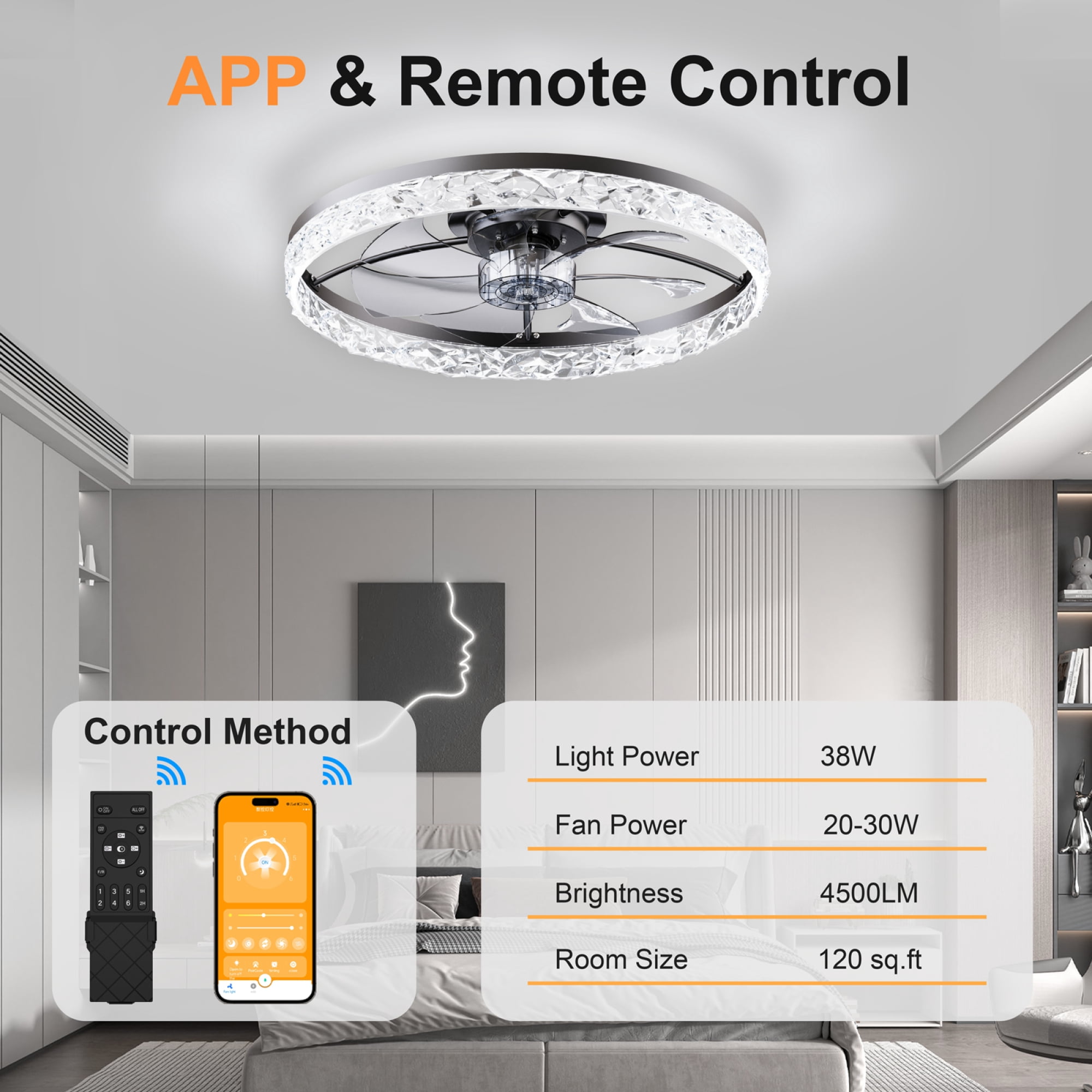 Leumius 23.6" Ceiling Fans with Lights Remote and APP Control, Dimmable 3-Color and 6-Speed quiet DC Motor, Ceiling Fan for Living Room Bedroom Black