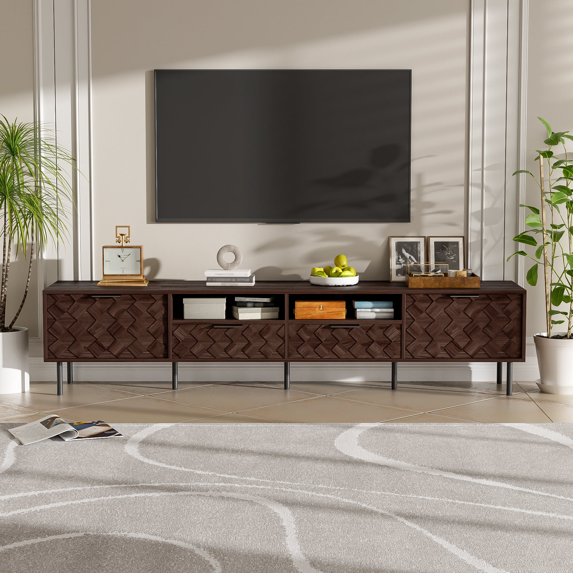 TV Stand for TVs up to 85 Inch, Entertainment Center with 3D Diamond Interwoven Doors & Cable Management, Media Console with Iron Legs for Living Room