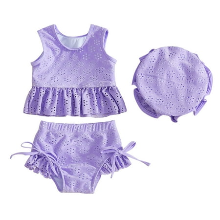 Rggeeun Toddler Girls Swimwear V-Neck Sleeveless Summer Toddler Solid Color Reversible Three Piece Bikini For Seasides Activity And Swimming Purple 6-12 Months