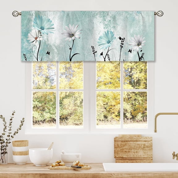 Teal Daisy Curtain Valance for Window Treatments Farmhouse Flower Floral Rod Pocket Kitchen Treatment Country Vintage Turquoise Window Drapes for Bathroom Bedroom Living Room (52x18 Inch)