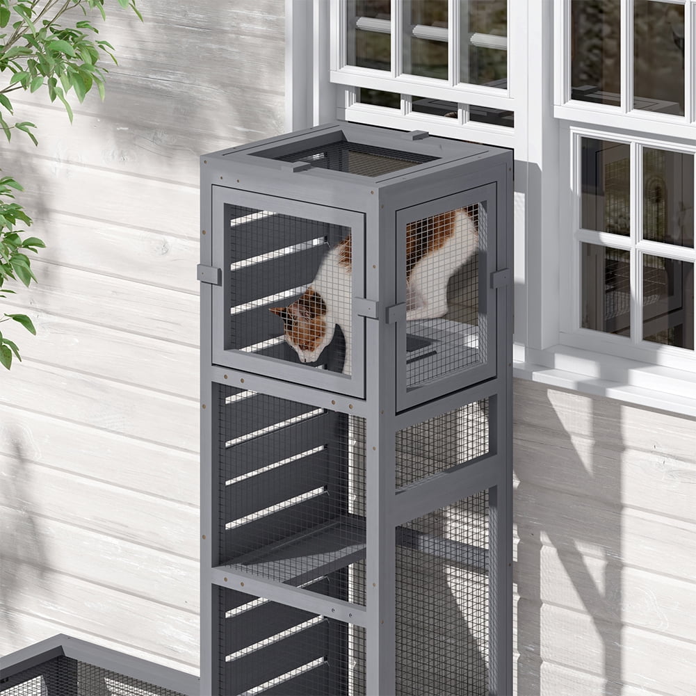 COZIWOW Wooden Cat Play Tunnel with Platforms – Configurable Window Catio, Multi-Combination Extendable Cat Run & Small Pet Play Enclosure for Indoor/Outdoor Use