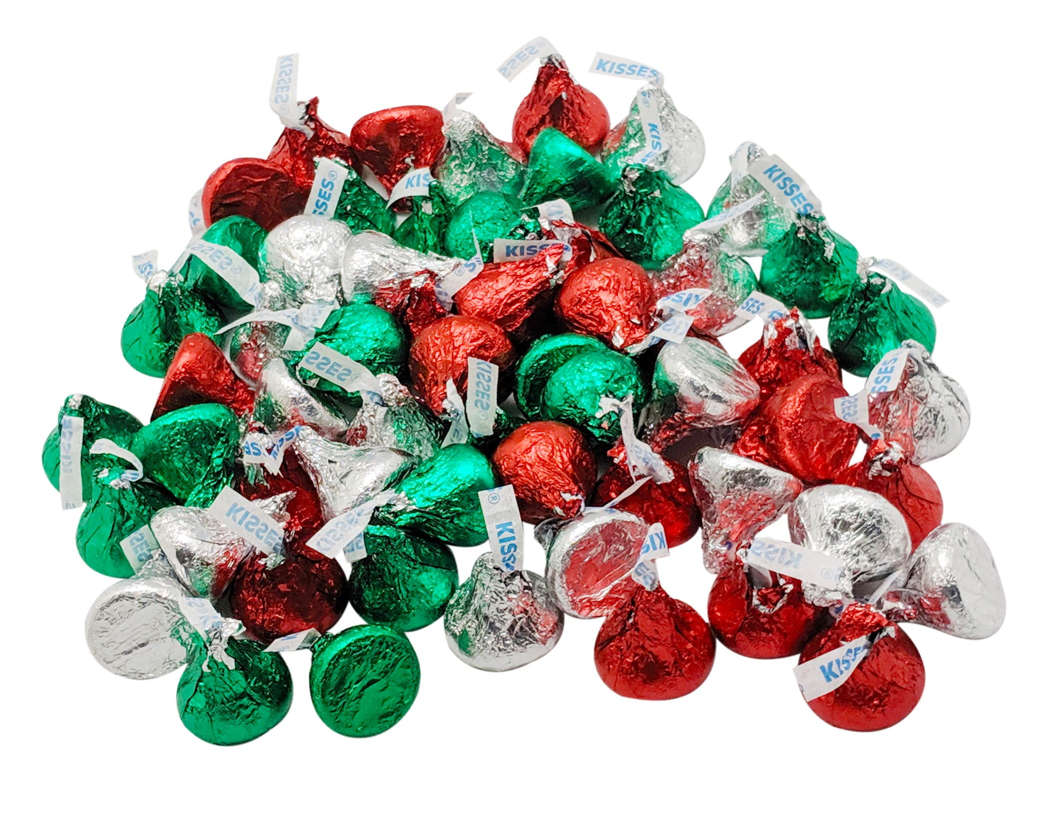 Hershey’s Milk Chocolate Kisses Christmas Edition - 2 Lb Resealable Bulk Candy Bag (approx. 200 pieces) - Chocolate Christmas Candy - Red, Silver, & Green Foil Wrapping