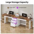 thumbnail image 5 of 96.5 Inch 2 Person Desk with Storage, Farmhouse Double Desk with Drawers and Open Shelves, Home Office Desk with Printer Stand and File Drawer, White & Brown, 5 of 9