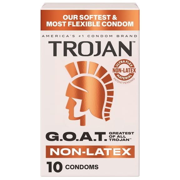 Trojan G.O.A.T. Latex-Free Lubricated Condoms for Men, Patent Pending Ultra Flex Non-Latex Material, Soft, Strong, Odorless & Colorless, 10 Count