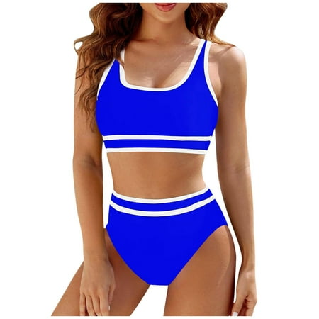 Wxirdiow Women s High Waisted Bikini Sets Sporty Two Piece Swimsuits Color Block Cheeky High Cut Bathing Suits (Bule-2  S)