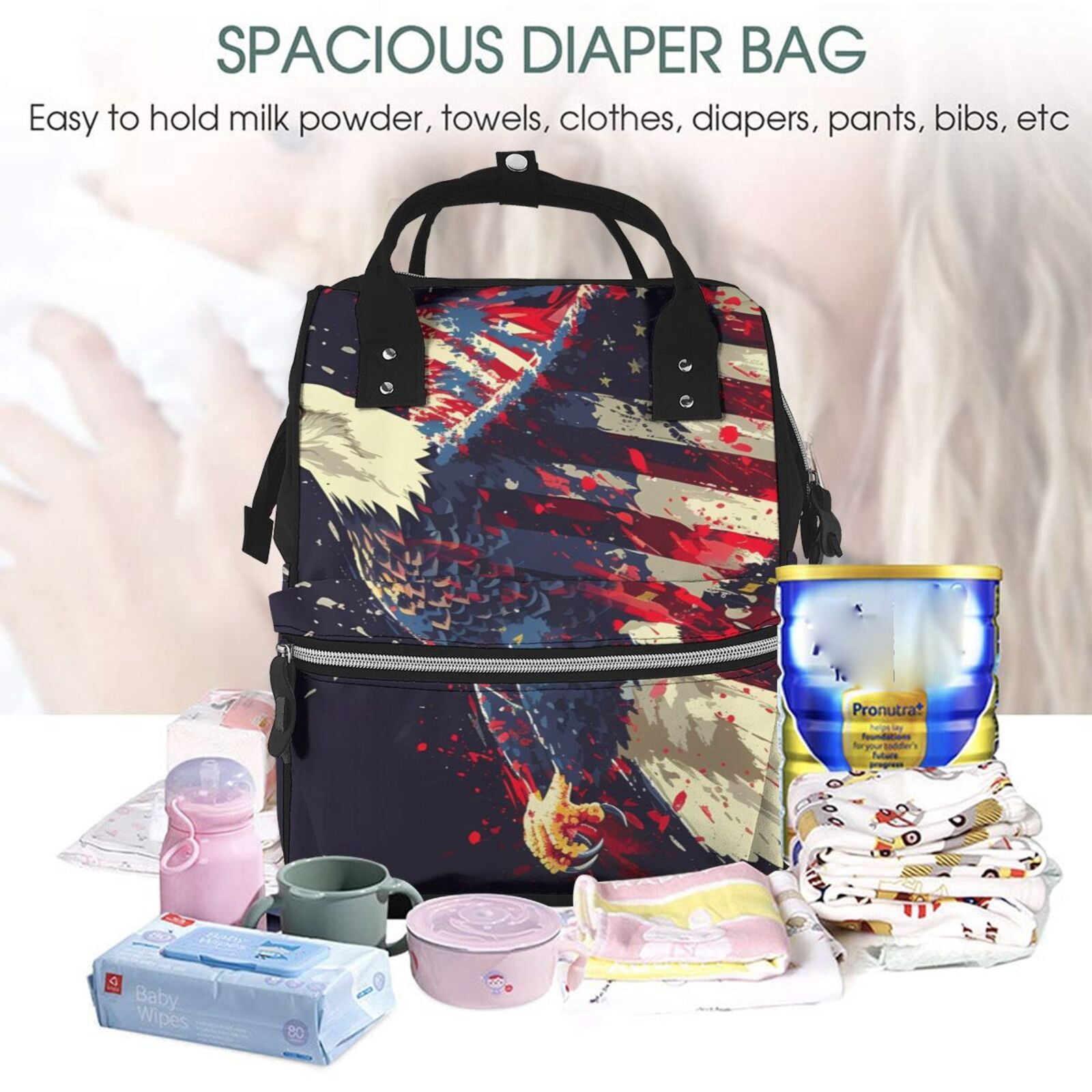 Fuzoiu Watercolor Bald Eagle Print Diaper Bag Backpack,Baby Essentials Travel Tote,Multi function Waterproof Diaper Bag, Travel Essentials Baby Bag - Unisex