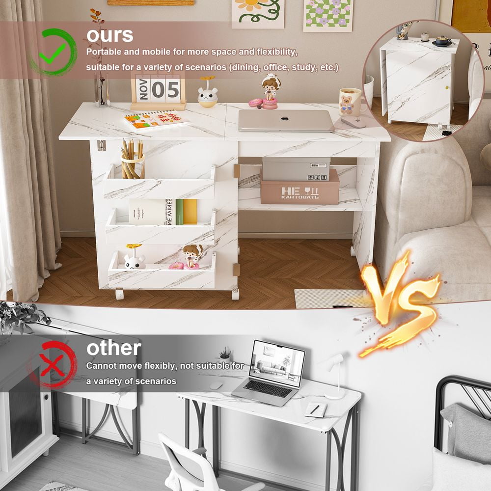 LUMAMIN Folding Sewing Table with Lockable Wheels, 4-in-1 Multipurpose Rolling Craft Station, End Table, Computer Desk & Kitchen Storage Cabinet,White