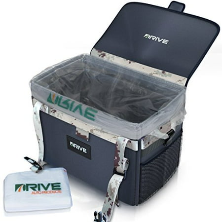 6 Disposable Dust Bags - The Drive Bin XL, Camo Strap - Best Large Car Trash Can Takes Grocery Bag Size Disposable Liners! 10 Bags Starter Pack for Litter Included, Recyclable - Automotive Garbage Kit is Waterproof with Lid