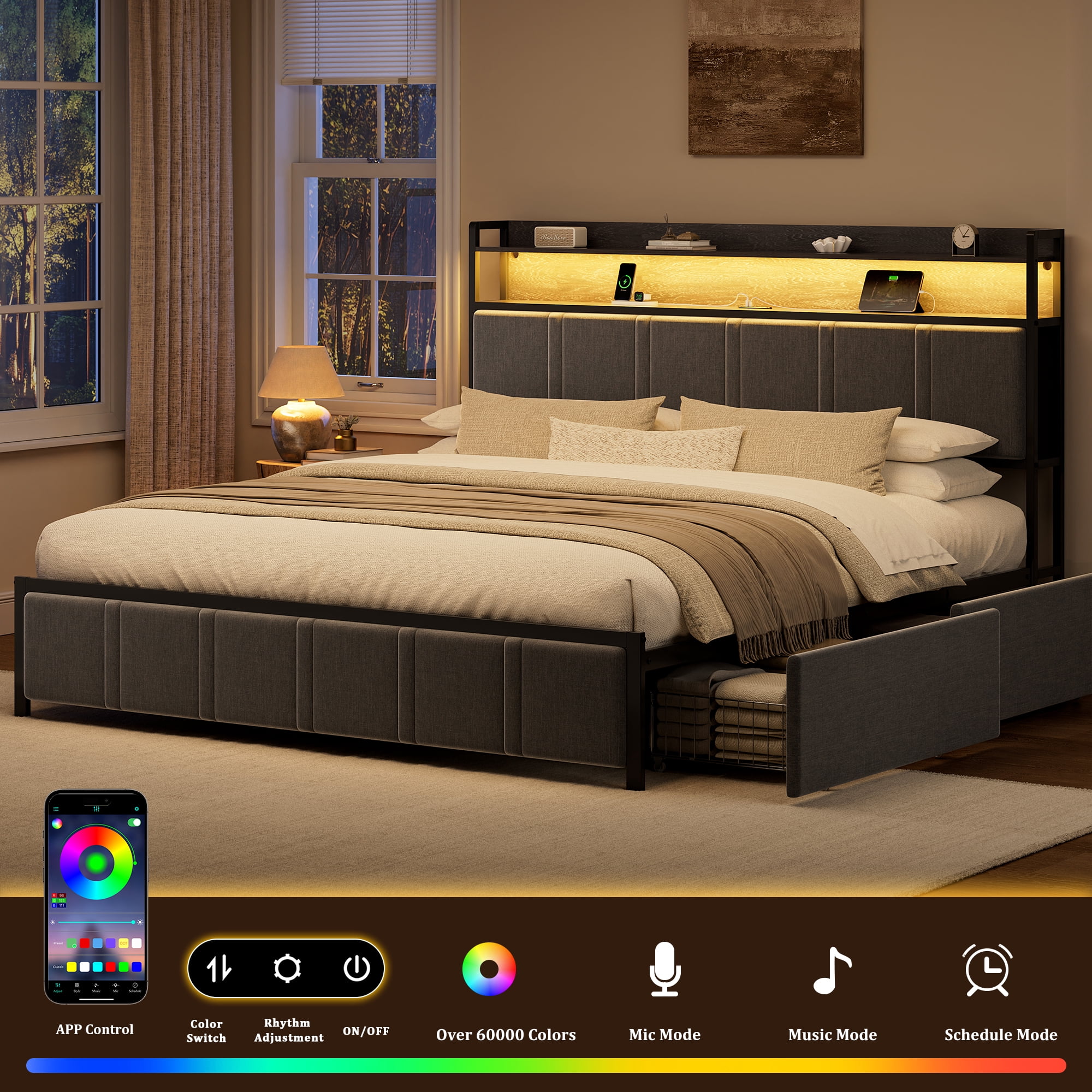 GUNAITO King Bed Frame with Storage Headboard, 2 Drawers Platform Upholstered LED Bed Frame with USB Ports & Outlets Gray