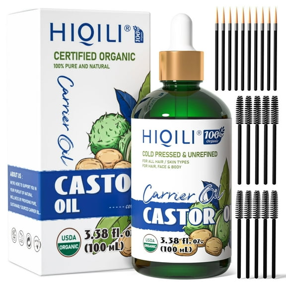 HIQILI Castor Carrier Oil, Premium Organic, 100mL for Facial Eyelash Hair Skin Care Diluting Mixing