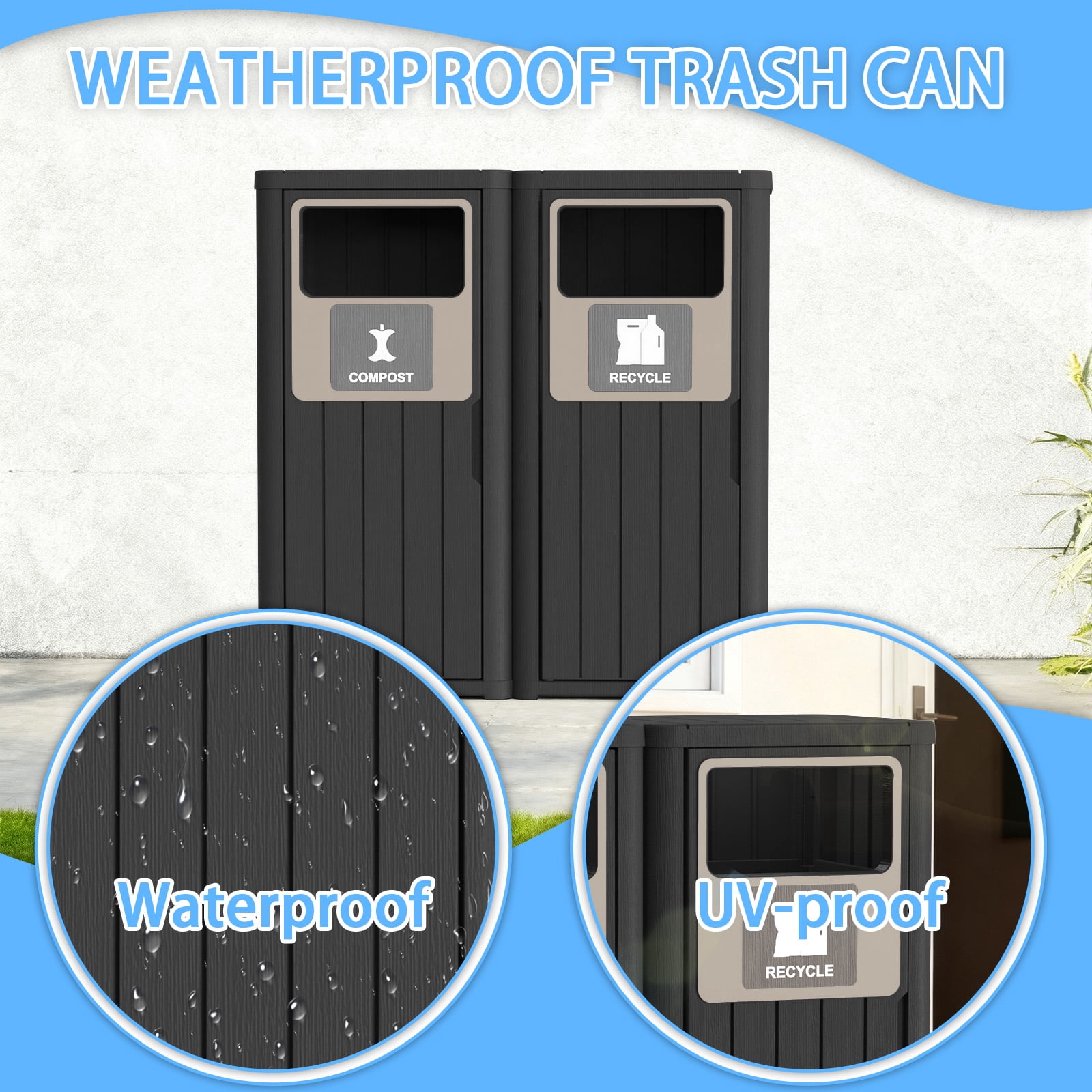 MAYEERTY 2x80L Outdoor Dual-Bucket Sorting Waste Bin (Compost & Recycle), Weather-Resistant Trash Can for Patio Yard Garden
