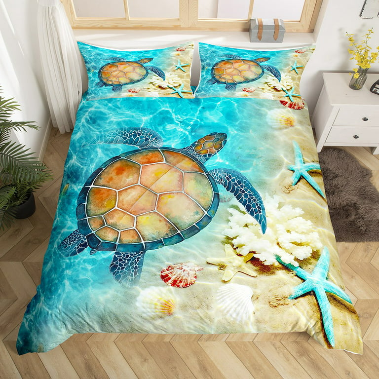 YST Ocean Themed Bed Set Sea Turtle Duvet Cover, Hawaiian Beach Bedding Set  Queen Teal Aqua Tortoise Comforter Cover, Coastal Starfish Coral Bed Cover  Aesthetic Room Decor 3pcs (No Comforter) 
