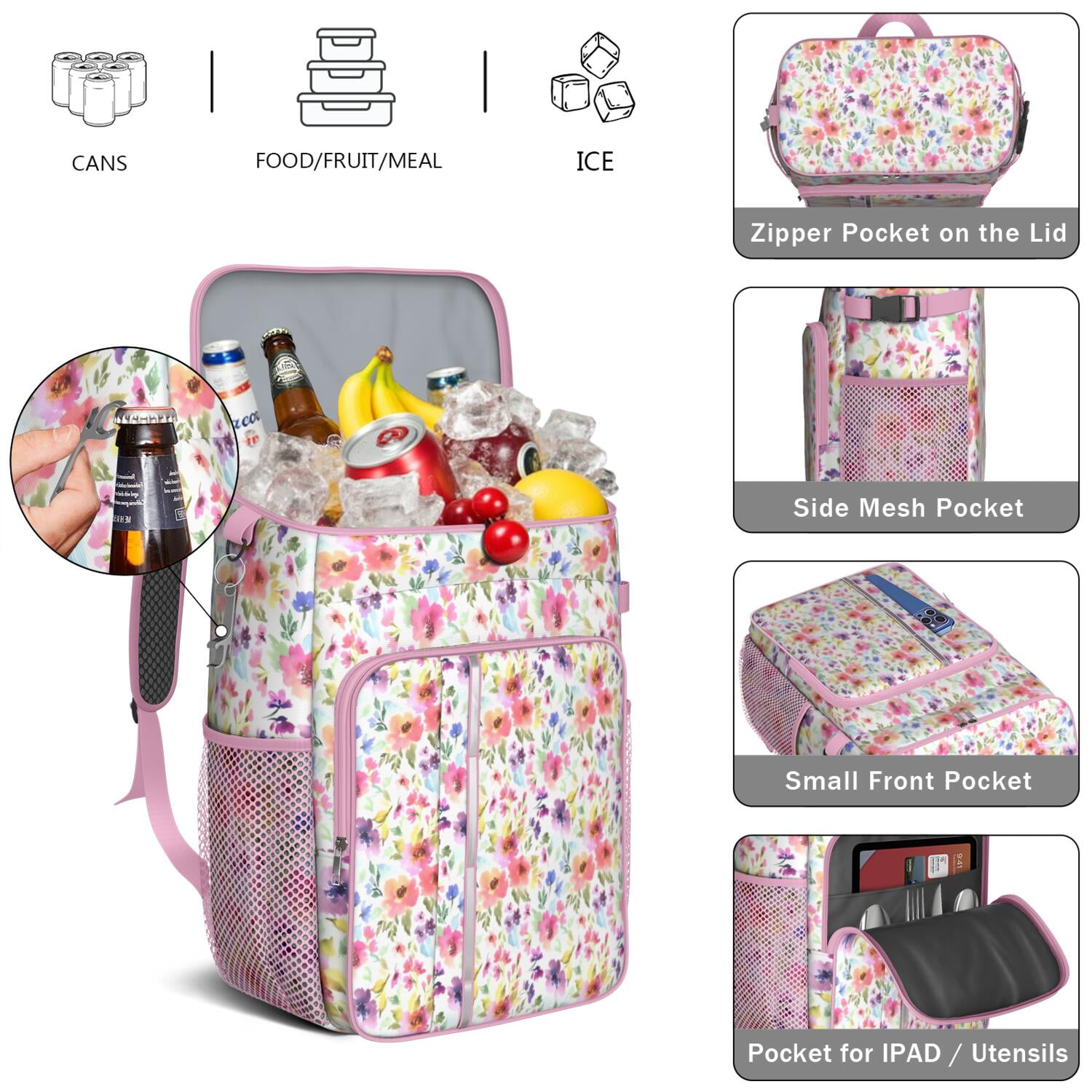 Travel Cooler Bag - Pioneer Flower Floral Print Pattern Camping Beer Cooler Backpack with Bottle Opener- Waterproof Insulated Picnic Backpacks - Cooler Bag for Beach