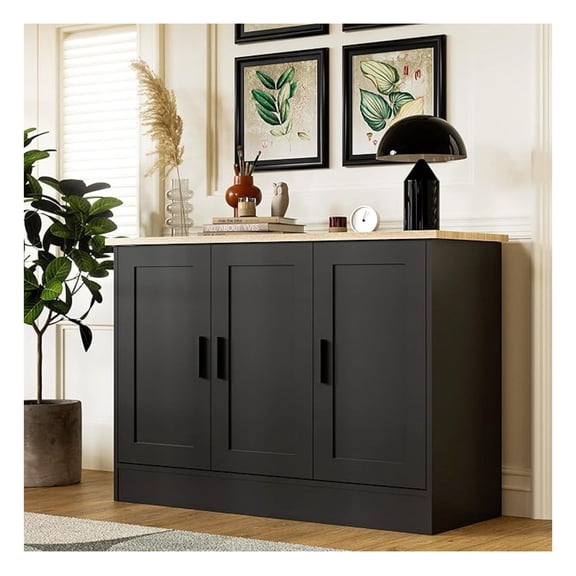 43.3”W Black 3 Door Buffet Cabinet, Coffee Bar with Adjustable Shelf, Kitchen Sideboard for Living Room, Kitchen