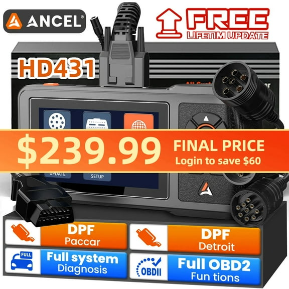 ANCEL HD431 Heavy Duty Truck Scanner, 2 in 1 Diesel Diagnostic Scan Tool, DPF Regen and Reset for Detroit, Paccar, Lifetime Free Updates, Full System HDOBD & OBD2 Trucks & Cars Code Reader