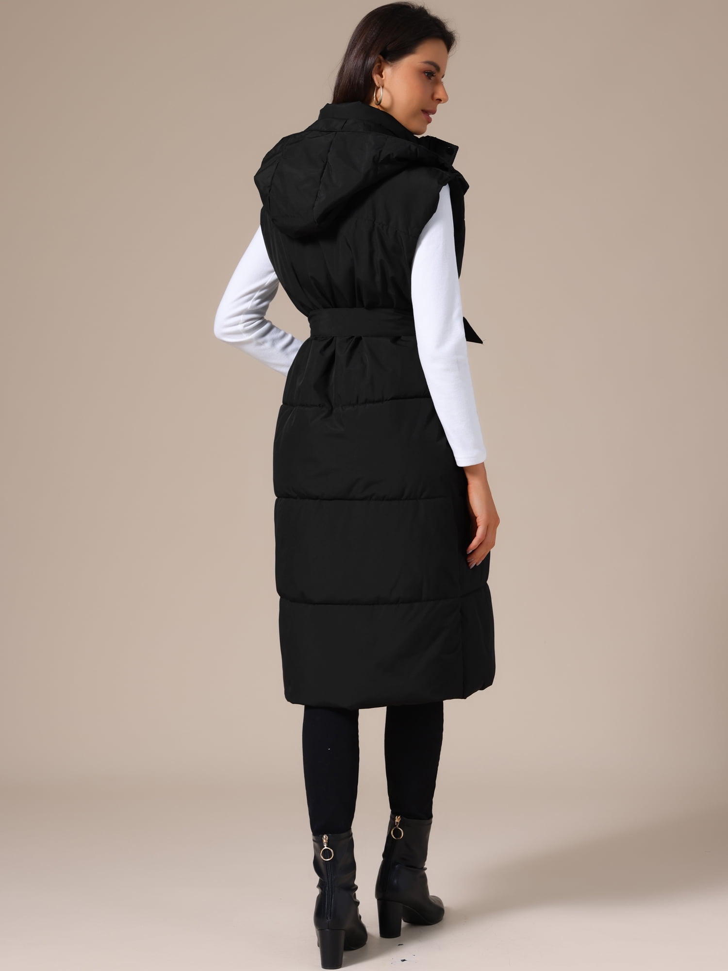 DARING DIVA Women's Sleeveless Hooded Belted Pockets Long Puffer Jacket M Black