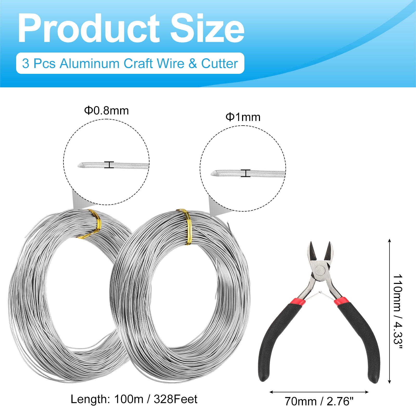 Uxcell 100m 0.8mm/0.5mm/0.4mm Aluminum Craft Wire for DIY Jewelry Making Beading Floral 4 Pcs