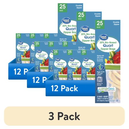 (3 pack) Great Value Clear Reclosable Double Zipper Quart Bags, Made with Bio-Based Materials, 25 Count