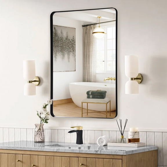SUMERAIN Black Bathroom Wall Mirror, 20 x 30 Inch Modern Aluminum Framed Vanity Mirror, Rounded Rectangle Bathroom Mirror with Tempered Glass for Bathroom