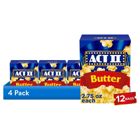 (4 pack) Act II Butter Microwave Popcorn, Movie Night Supplies, 2.75 oz., 12-Count Bags