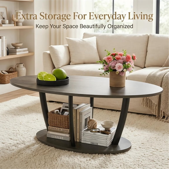 Manxile Oval Coffee Table with Storage Shelf, Farmhouse Center Table for Living Room,Charcoal Oak