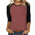 thumbnail image 2 of Elainilye Fashion Women's Tops Patchwork Color Block Print Loose T-shirt 3/4 Sleeves Blouse Round Neck Casual Tops,Red, 2 of 6