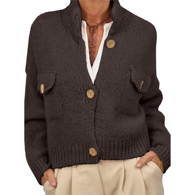 Suéteres Tipo Cárdigan Cortos para Mujer, de Punto Grueso, con Botones, Larga, Cuello Alto y Abertura Frontal, Chaquetas Holgadas. Marrón M