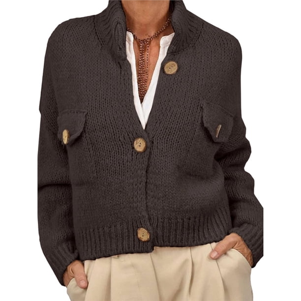 Suéteres Tipo Cárdigan Cortos para Mujer, de Punto Grueso, con Botones, Larga, Cuello Alto y Abertura Frontal, Chaquetas Holgadas. Marrón M
