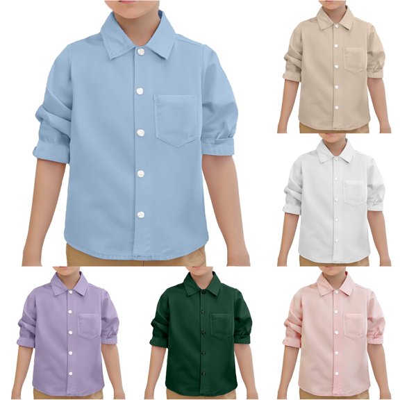 Gyujnb Point Collar Button Front Pocket Short & Roll up Long Sleeve Woven Shirts Casual Daily School Tops (Baby, Big Boys),4-5 Years