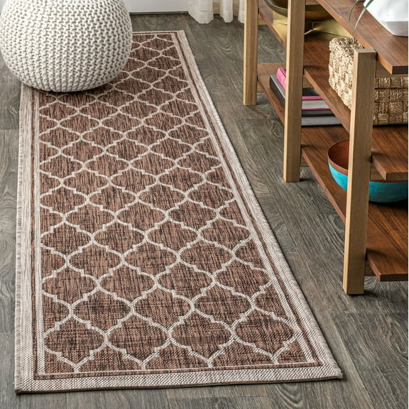 JONATHAN Y SANTA MONICA 2 x 14 Runner Rug, Trebol Moroccan Trellis Textured Weave - Espresso/Taupe, SMB109B-214