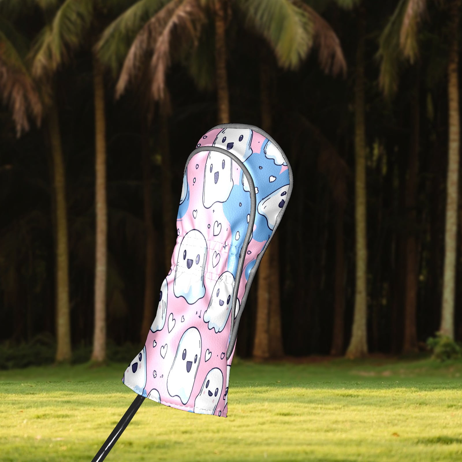 Golf Club Covers, PinkBlue Heart Ghosts Premium PU Leather Driver Hybrid Putter Head Covers with Velvet Lining, Waterproof Golf Gifts for Men Women