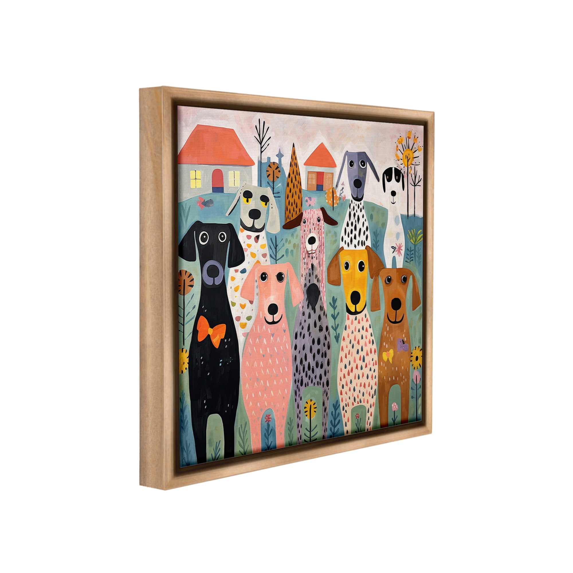 Stupell Industries Patterned Dogs & Flowers Animals & Insects Painting Brown Floater Framed Canvas Art Print Wall Art, 18 x 18