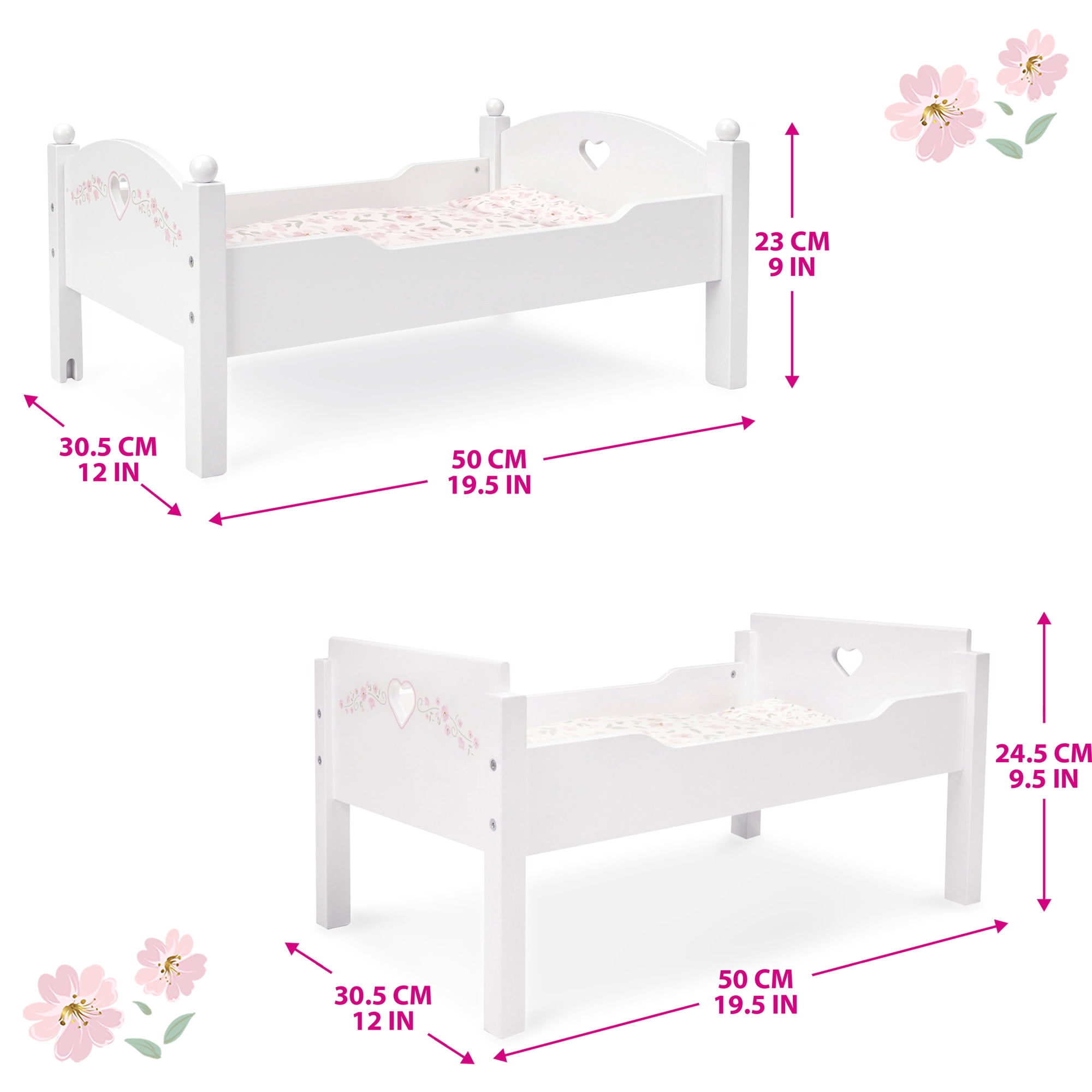 509 Crew: Petit Flora - Wooden Doll Bunk Bed - White-Pink-Flowers, Convertible to Single Beds, Blankets & Pillows, Doll Sleep Accessory Toy, Kids 3+