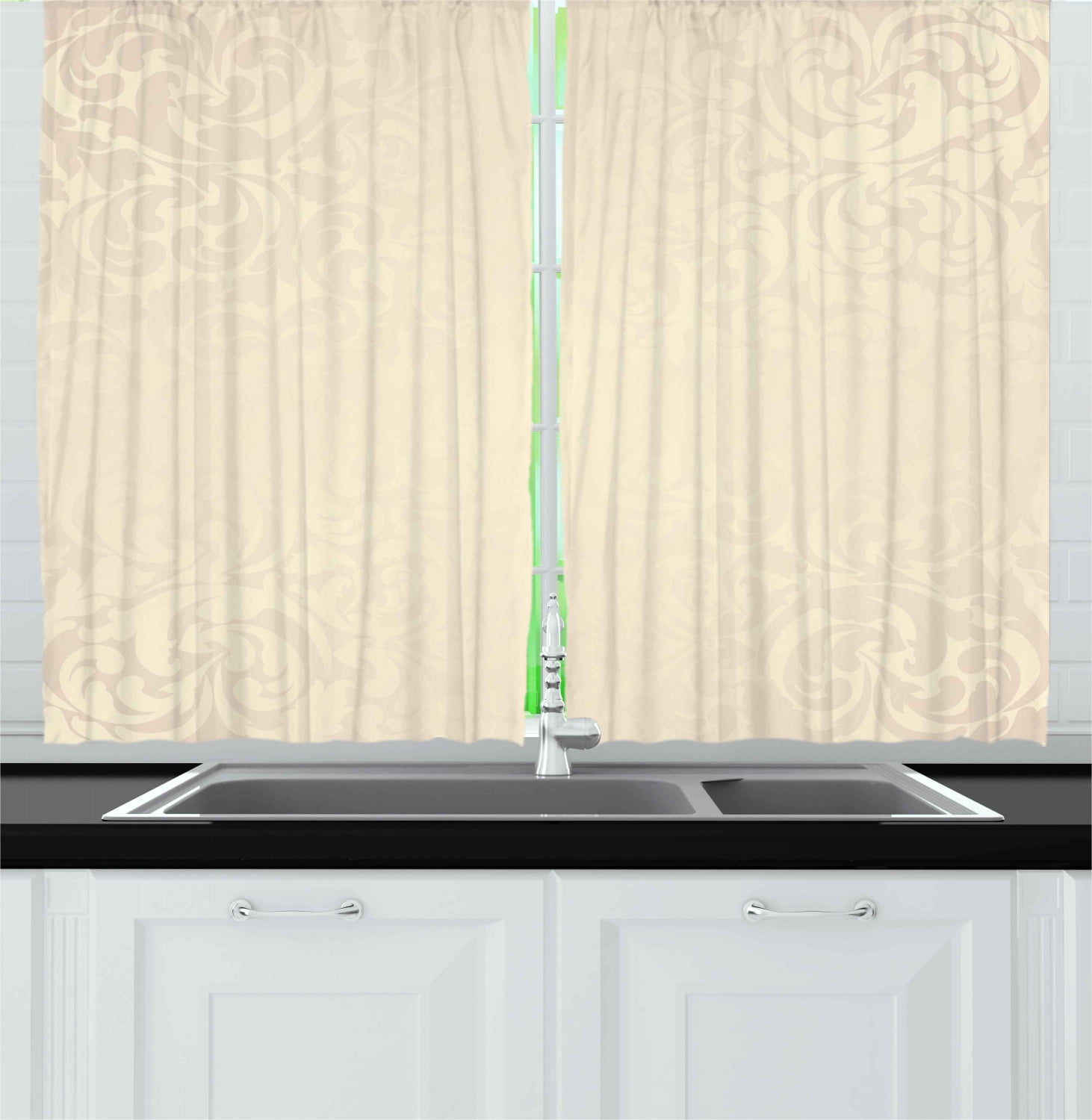 Ivory Curtains 2 Panels Set, Classic Victorian Style Monochrome Damask Background with Swirl Floral Effects Artsy Print, Window Drapes for Living Room Bedroom, 55W X 39L Inches, Cream, by Ambesonne