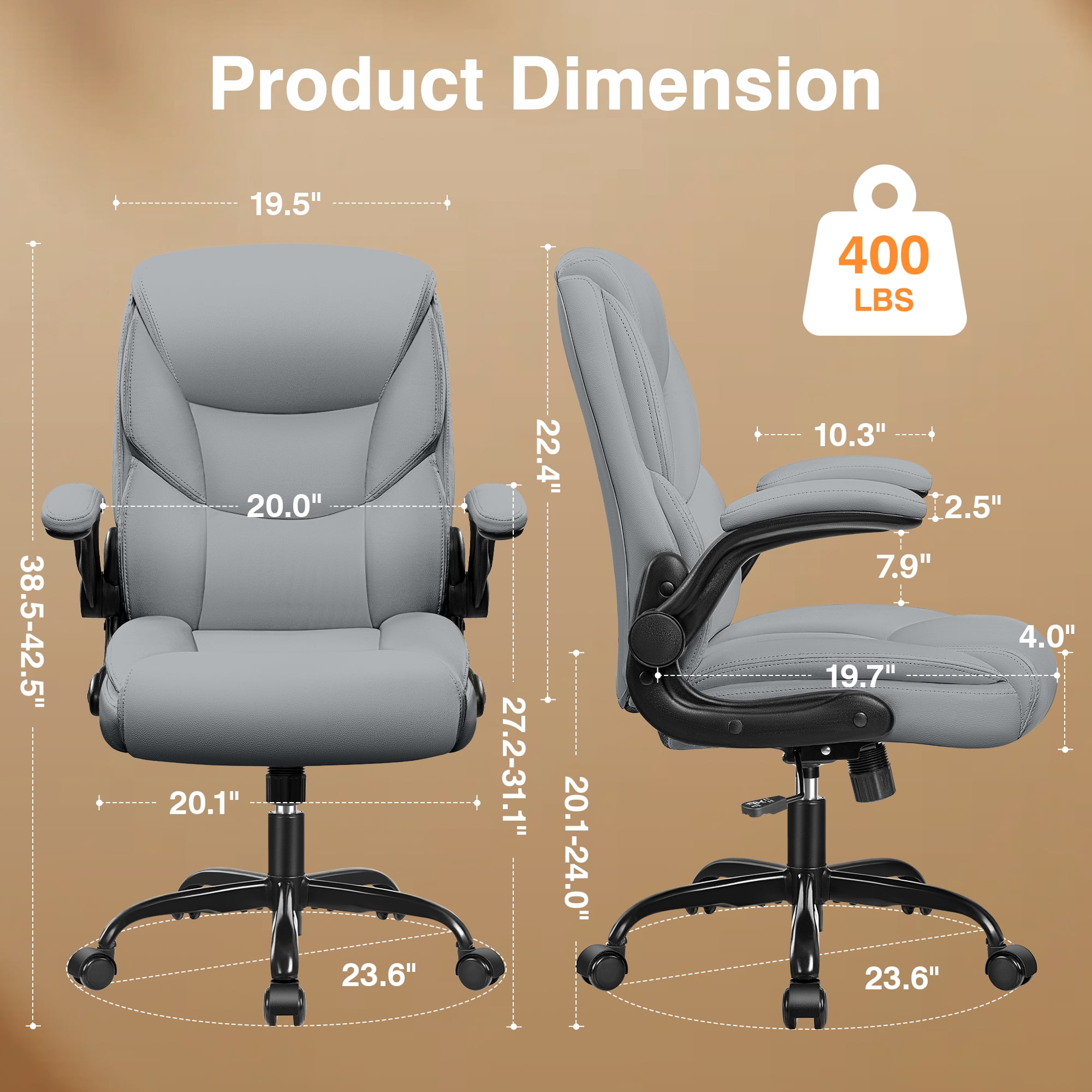 Primy Compact PU Leather Office Chair - Ergonomic Adjustable Height Computer Desk Chair with Flip-Up Armrests, Mid-Back Executive Swivel Chair on Wheels for Small Spaces & Petite Users, Gray
