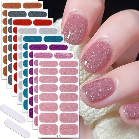 HYG 8 Sheets Nail Wraps Glitter Nail Polish Stickers 128 Pcs Nail Art Decals Strips Self-Adhesive Nail Art Decals Nail Strips for Women Girls DIY Nail Decorations