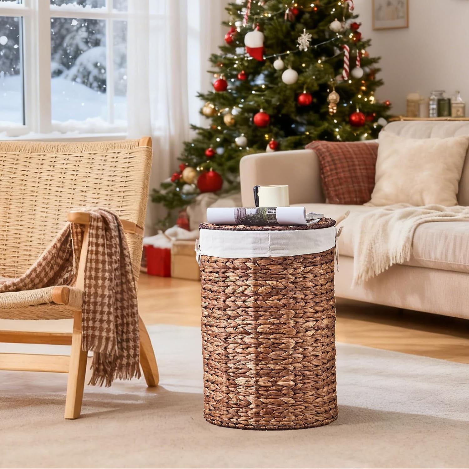 Casa Pura Furniture Handwoven Round Water Hyacinth Laundry Hamper with Lid, 60L Wicker Storage Basket with Handles, No Assembly Needed for Bedroom Bathroom Home Organization