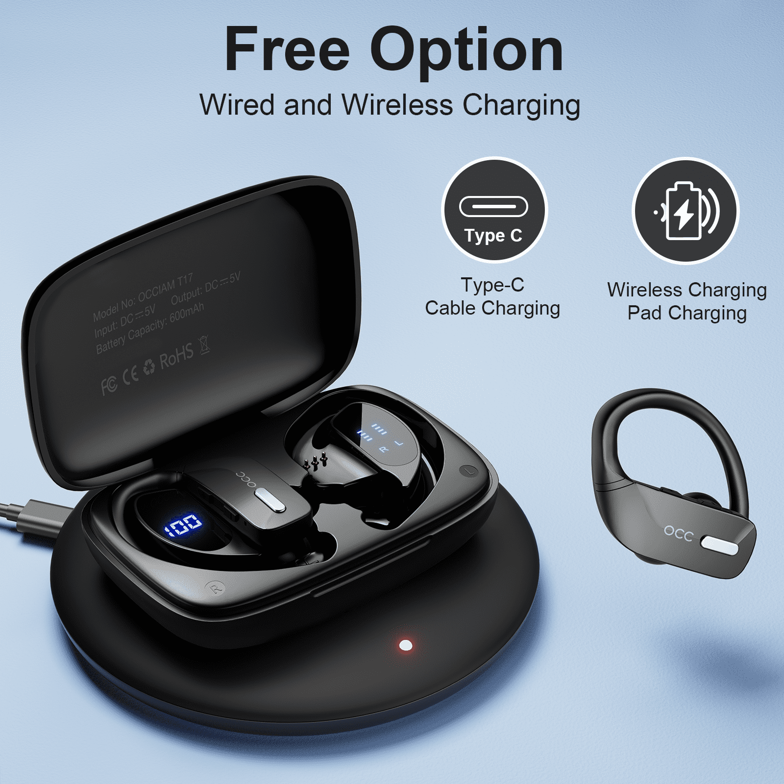 Bluetooth Headphones Wireless Earbuds 48hrs Playback IPX5 Waterproof  Earphones Over-Ear Stereo Bass Headset with Earhooks Microphone LED Battery
