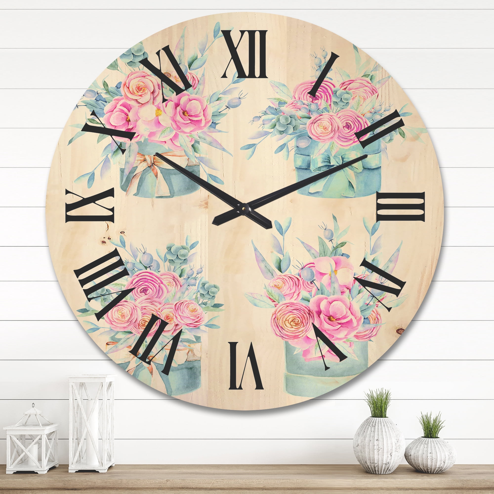 Designart 'Bouquets Collection of Pink Roses' Farmhouse Wood Wall Clock