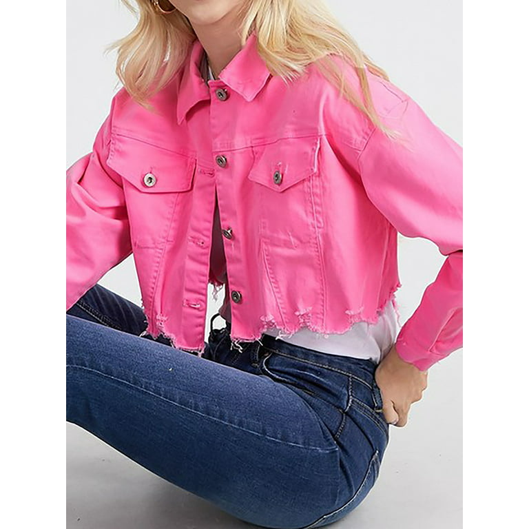Womens Neon Pink Denim Jacket Size 14 12 10 8 16 Ladies Jean Cropped Jackets