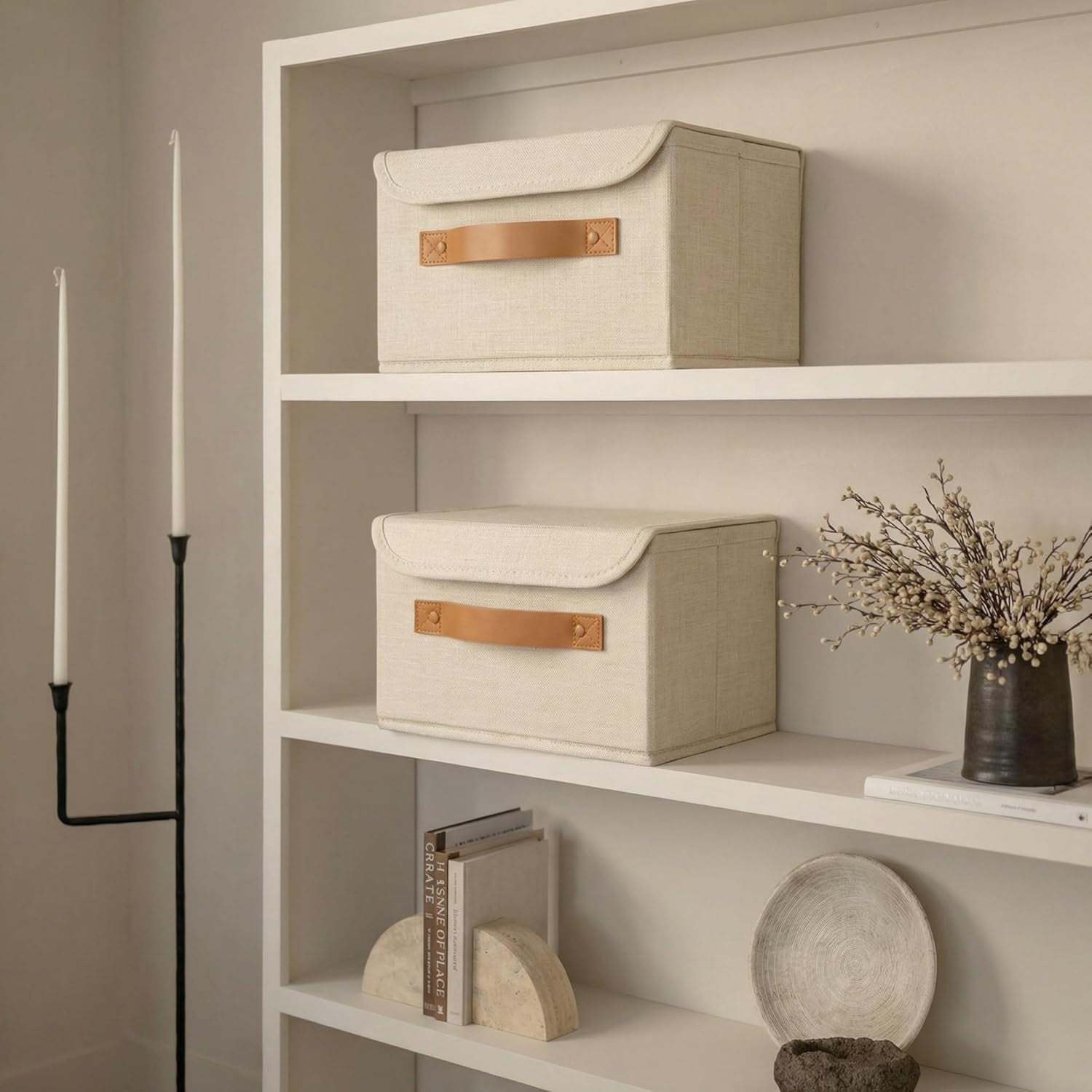 Decorative Linen Storage Boxes with Lids - Spacious Set of 2 Organizer Bins for Your Home Decor - The Perfect Small Container to Safely Store Photos, Documents and Memory Box Keepsakes in Style