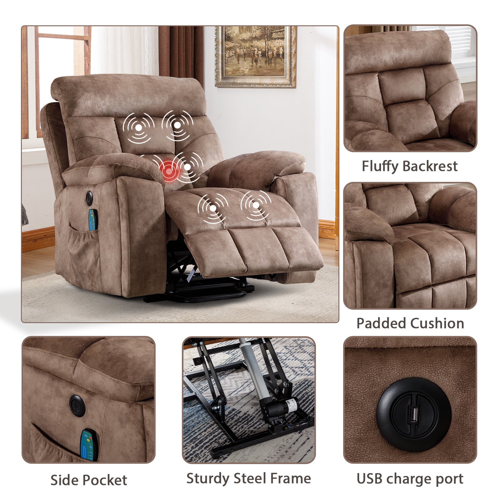 Bonzy Home Fabric Power Lift Recliner Chair with Massage, Heat Therapy, Hidden Cup Holders and Side Storage Pocket for Elderly Daily Home Use